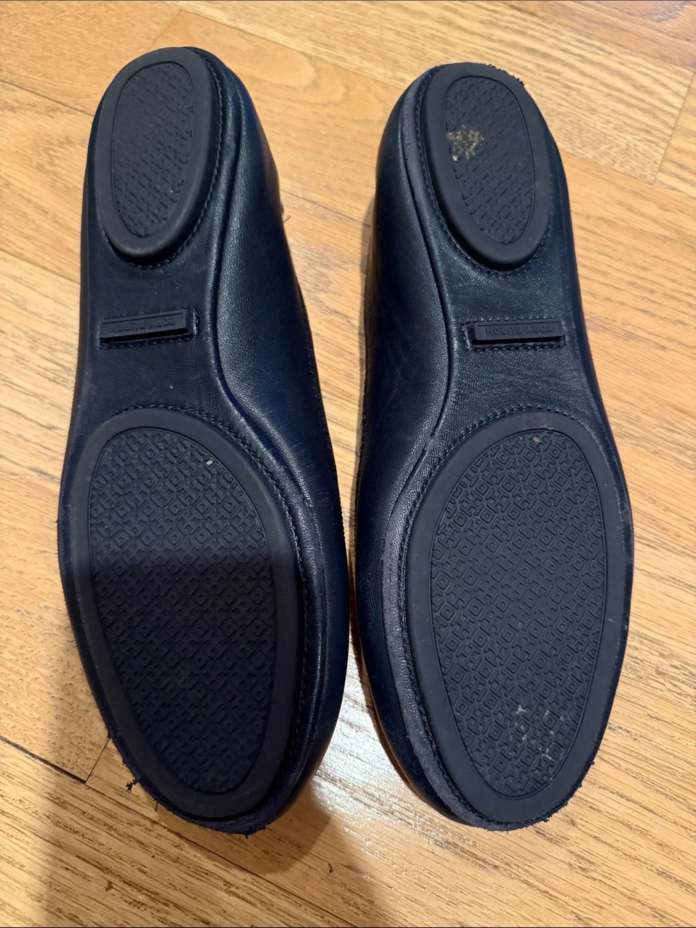 Tory Burch Navy Leather Logo Toe Ballet Flats with Gold Emblem